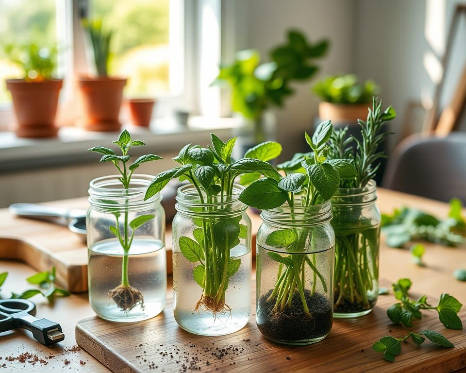 A vibrant tabletop scene showcasing various edible plant cuttings in the process of propagation. In the foreground, several clear glass jars filled with water, each containing different herb cuttings—basil, mint, and rosemary—with roots starting to emerge. The middle ground features a rustic wooden cutting board scattered with gardening tools, such as a pair of scissors and a small trowel, along with fresh soil. In the background, soft sunlight streams in through a window, illuminating a few potted plants on a shelf. Use natural lighting to create a warm and inviting atmosphere. The composition should evoke a sense of tranquility and the joy of gardening, highlighting the ideal conditions for rooting cuttings in a home environment. Capture the image from a slightly elevated angle for a clear view of the arrangement.