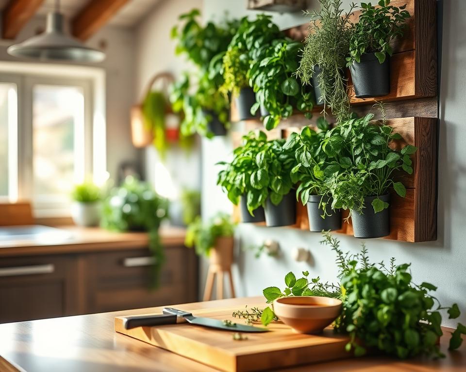 A wall-mounted herb garden brimming with vibrant green herbs including basil, mint, rosemary, and thyme. The foreground features an elegant vertical planter made of reclaimed wood, with small pots overflowing with herbs against a rustic kitchen wall. In the middle ground, a sunlight-drenched countertop displays a cutting board with freshly harvested herbs, a knife, and a small ceramic bowl filled with olive oil. The background showcases a soft-focus kitchen with warm, inviting lighting, emphasizing the cozy atmosphere. Capture this scene from a slightly elevated angle to highlight the herbs' freshness and texture, evoking a sense of creativity and inspiration for cooking with fresh ingredients.