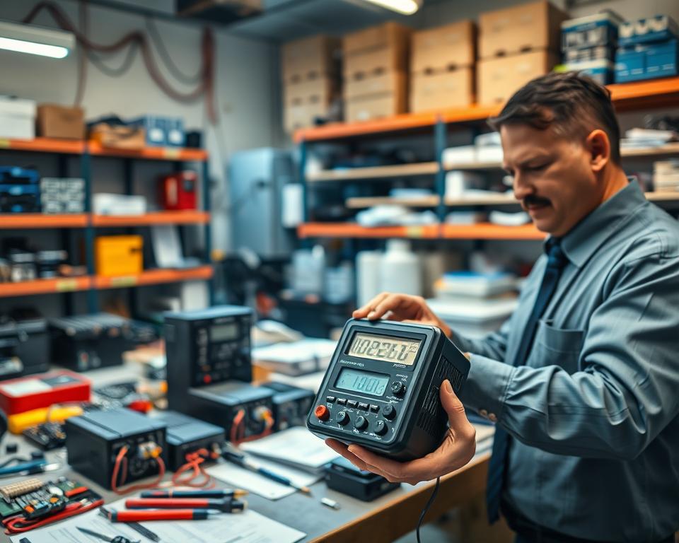 A well-lit workshop environment focused on timer maintenance. In the foreground, a technician in business attire is carefully inspecting a digital timer, holding tools like a small screwdriver and a multimeter. The middle layer features a workbench cluttered with various timer models, tools, and maintenance manuals, all set under warm overhead lighting. In the background, shelves filled with organized electronic components and spare parts create a sense of depth. The atmosphere is professional and industrious, with a hint of warmth emphasizing careful attention to detail. The scene is captured with a slight depth of field effect, showcasing the timer as the primary focus while softly blurring the background.