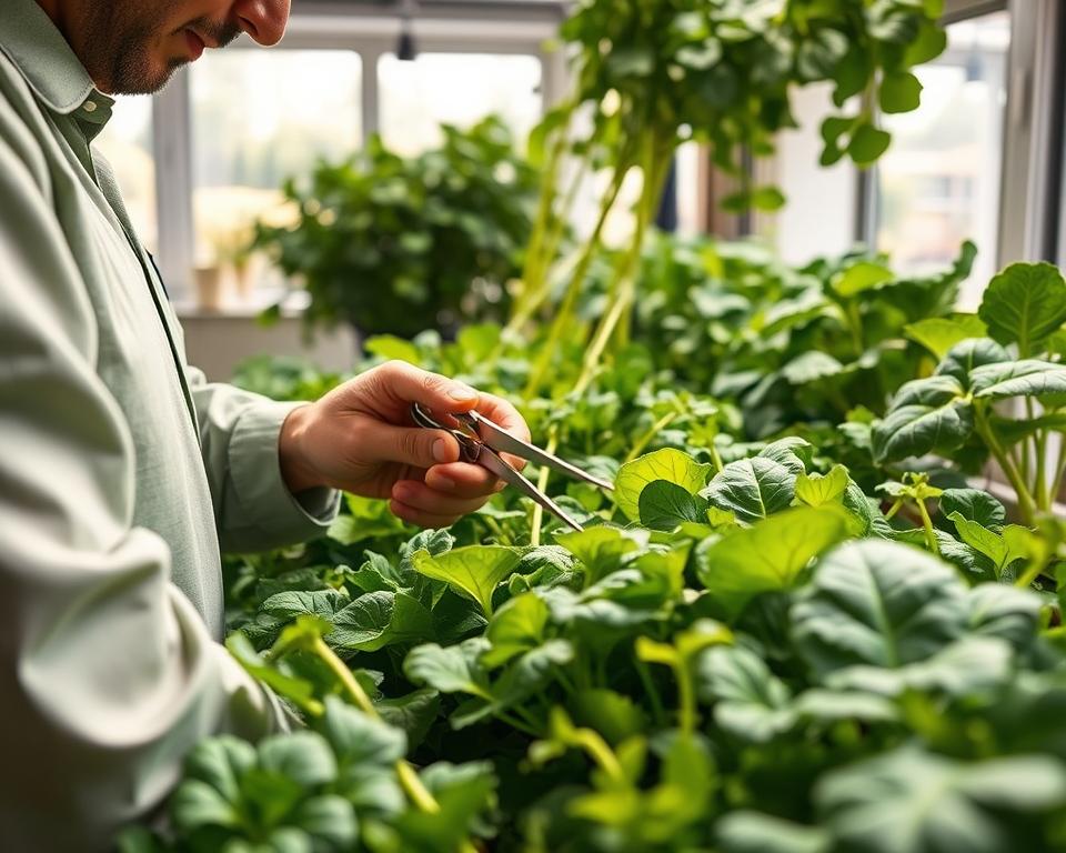 An indoor garden setting featuring a person in professional attire carefully harvesting vibrant greens, such as lettuce and spinach, from a hydroponic system. The foreground showcases the individual gently trimming leaves with high-quality scissors, surrounded by lush greenery. The middle ground highlights various stages of growth, with some plants at peak harvest time, radiating freshness and health. The background includes soft, natural lighting streaming through large windows, enhancing the verdant colors and creating a warm, inviting atmosphere. The overall mood conveys a sense of care and attentiveness, ideal for troubleshooting common indoor gardening issues, with a focus on optimal harvesting techniques. The image should have a slightly blurred background to emphasize the subject and activity.