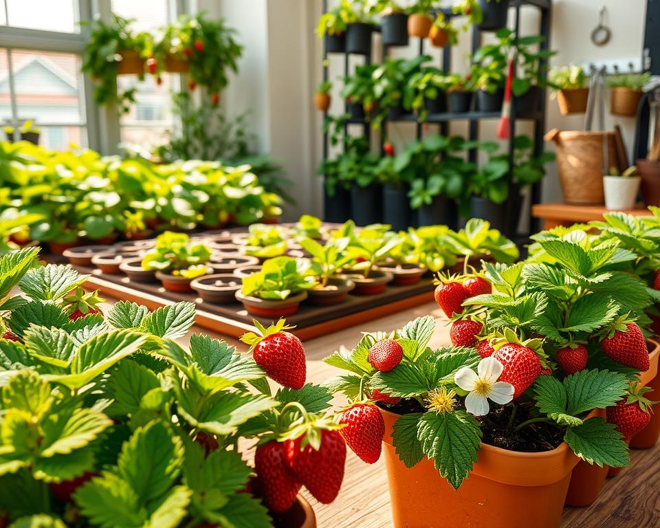 An indoor strawberry cultivation setup, showcasing lush green plants with vibrant red strawberries. In the foreground, a close-up of healthy strawberry plants in terracotta pots, some with ripe fruit ready for harvest while others show delicate white flowers. In the middle ground, a collection of various plant trays arranged neatly on a wooden table, with gentle sunlight filtering through a nearby large window, casting soft shadows. The background features vertical gardening shelves filled with thriving strawberry plants and gardening tools, creating an organized yet inviting atmosphere. The lighting is warm and natural, suggesting a nurturing environment. Overall, the mood is fresh, vibrant, and nurturing, emphasizing the care and attention needed for maintaining indoor strawberry plants.